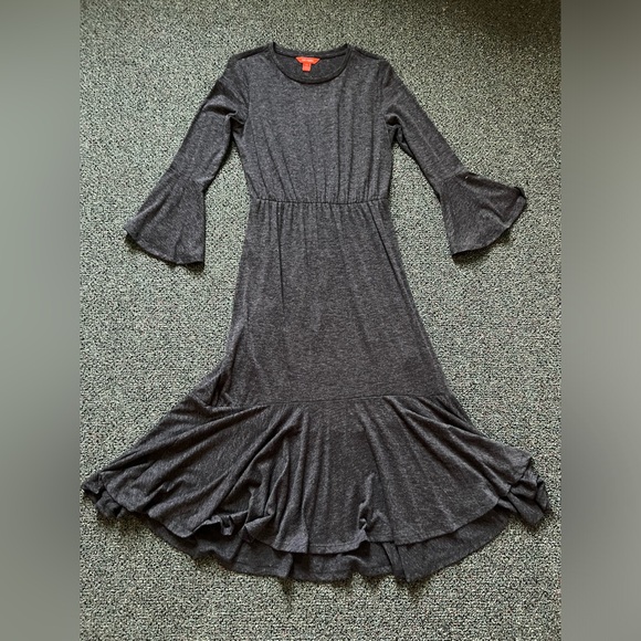 JOE FRESH Grey Long-Sleeve Jersey Stretch Modest Dress Ruffle Hem Bell Sleeve S - Picture 11 of 16